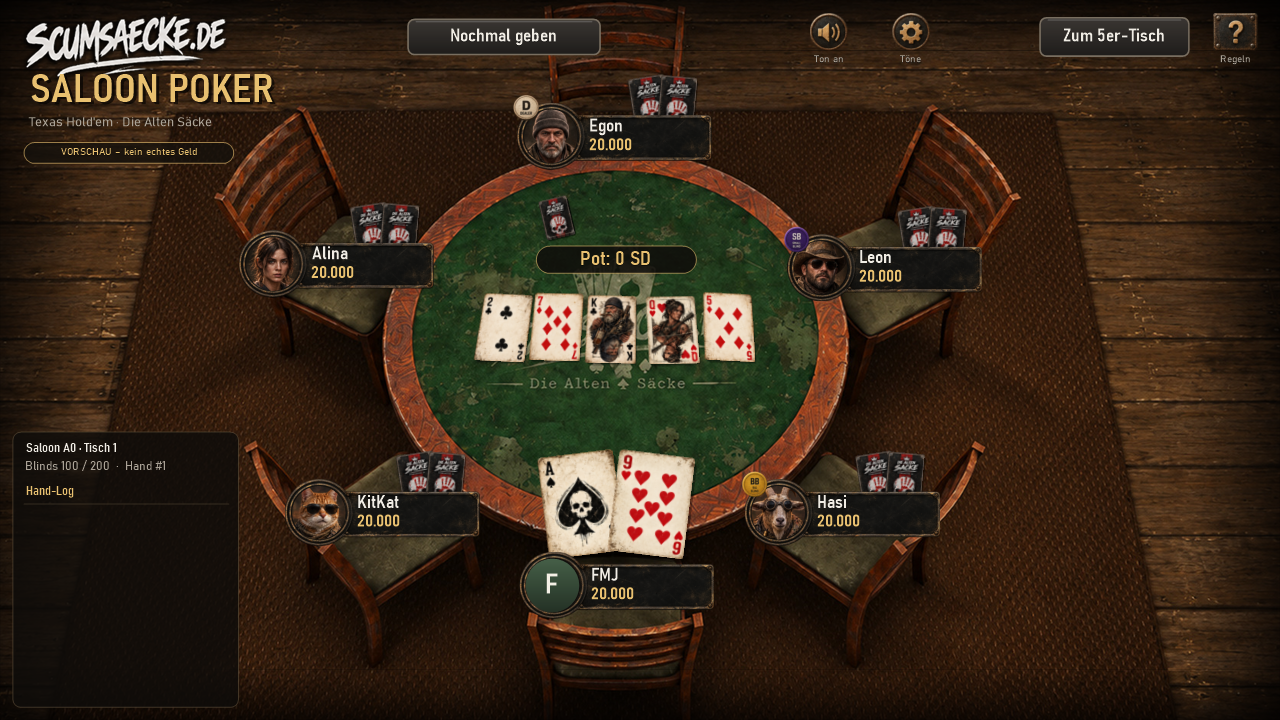 Saloon-Poker mit sechs Plätzen, persönlichen Spielerbildern und aufgedeckten Karten